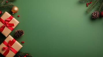Festive Holiday Scene With Gifts, Pinecones, Ornaments, And Green Background Celebrating Christmas Joy With Elegance And Seasonal Cheer For Greeting Cards Or Event Invitations photo