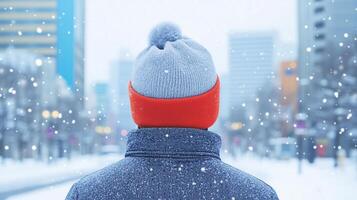 Winter City Commute Person Wearing Cozy Coat and Beanie Navigating Snowy Day in Urban Landscape photo