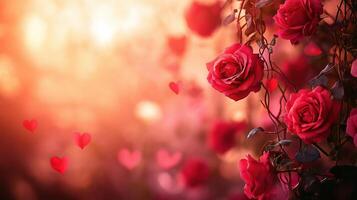 Romantic Rose Backdrop With Intertwined Blooms And Hearts For Valentines Day Highlighting Love And Passion With A Warm Color Palette Perfect For Romantic Settings And Event Design Concepts photo