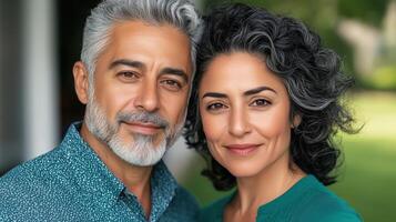 Mature Hispanic Couple Smiling at Family Gathering in Sunny Garden Setting Emphasizing Connection and Happiness in Natural Light with Greenery and Soft Focus For Lifestyle and Family Themes photo