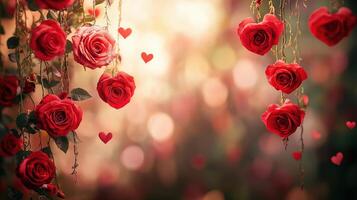 Romantic Valentine's Day Backdrop of Red Roses and Hearts with Soft Focus Background and Warm Lighting for a Dreamy and Intimate Atmosphere Perfect for Celebrating Love and Romance photo