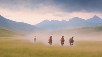 Wild Horses Galloping Freely Across Open Fields With Dust Under Dramatic Sky, Mountains In Background, Landscape Photography, Nature Beauty, Free Spirit, Dawn Mist, Scenic View, Serenity photo