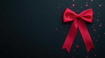 Luxurious Red Bow on Dark Background with Scattered Stars for Elegant Holiday or Celebration Design photo