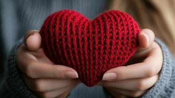 Knitted Red Heart Representing Love and Care Held by Woman in Cozy Sweater for Romantic and Valentine Conceptual Imagery With Warm Emotional Connection and Handmade Crafting Techniques photo