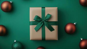 Retro Futurism Christmas Gift Top View with Elegant Wrapping, Green Ribbon, and Copper Ornaments on Dark Green Background, Perfect for Holiday Decor and Festive Design Inspiration photo