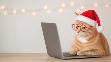 Ginger Cat Wearing Santa Hat and Glasses Working on Laptop Against Soft Bokeh Background Perfect for Christmas Holiday Season Stock Image and Festive Digital Concepts photo
