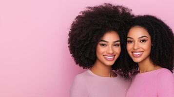 Two Smiling Women Celebrating Achievements with Joyful Expressions on Pink Background Highlighting Friendship and Happy Moments in Photographic Style photo