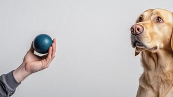 Dog Trainer Holding Blue Ball with Attentive Labrador Retriever in Training Session Indoors, Pet Learning Concept, Obedience and Interaction, Focus on Hand and Toy, White Background photo