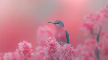 Californian Hummingbird in Slow Motion Surrounded by Soft Pink Blossoms in Serene Springtime Setting photo