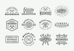 Set of Old-School Carpentry, Woodworking, and Mechanic Logos, Badges, Labels, and Design Elements. Monochrome Artwork vector