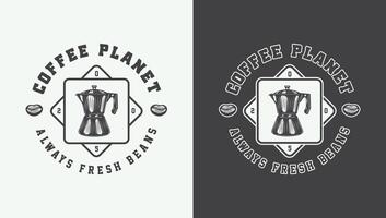 Old-Fashioned Coffee Logos, Badges, Emblems, Labels, and Posters. Woodcut Style Monochrome Graphic vector