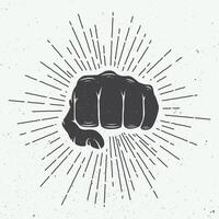 Retro Fist Symbol with Sunbursts in Classic Style. vector