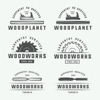 Set of Monochrome Carpentry, Woodwork, and Mechanic Badges, Logos, Emblems, and Labels. Black and White Graphic Art. vector