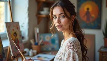Focused artist holding paintbrush in studio with paintings, creative inspiration scene photo
