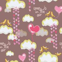 A romantic, illustrative cut seamless pattern featuring cutout raining heart, heart shaped balloons, birds couples, clouds, and the phrase LOVE IS IN THE AIR on a cocoa brown, taupe color vector