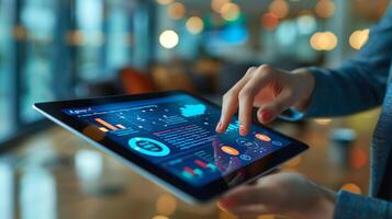 A woman using a tablet with business data on it photo