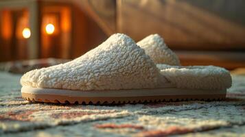 A pair of slippers on a rug in front of a fireplace photo