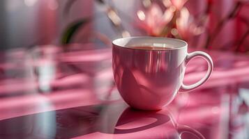 A cup of tea sits on a table in front of a window photo