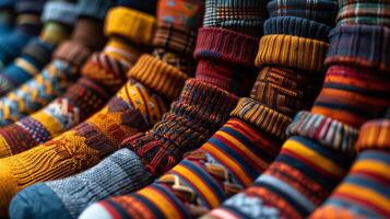 A row of colorful socks are shown in a row photo