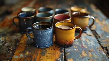 A table with several mugs on it photo