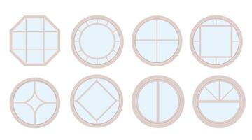 Houses and apartments round windows types. Exterior and interior design, home renovation architecture .Set of wooden or plastic frames. Arched and semicircle vector