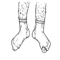 man legs in torn socks. hand drawing socks label, poor, financial problems, defaulter vector