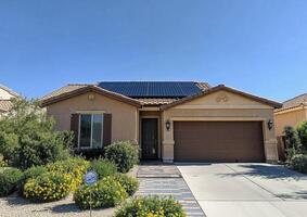 Modern Solar Panels Installed on California House Under Clear Blue Sunny Sky, Solar Photography, Solar Powered Clean Energy, Sustainable Resources, Electricity Source photo