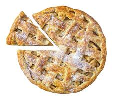 Baked round apple pie and triangle cut piece on isolated background photo