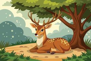 Deer resting under a shady tree illustration vector
