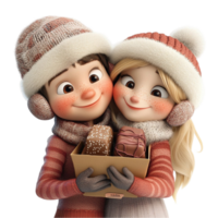 Cartoon Couple Holding a Box of Chocolates on Transparent Background png