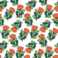 Seamless pattern, rose flower motif with abstract composition of plants on white surface. Botanical background design with line art of flowers, branches, leaves. . vector