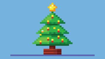 A pixel art Christmas tree decorated with colorful ornaments and a shining star on top against a simple blue background vector