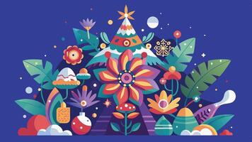 Vibrant floral illustration featuring colorful plants and abstract shapes in a harmonious design against a deep blue background vector