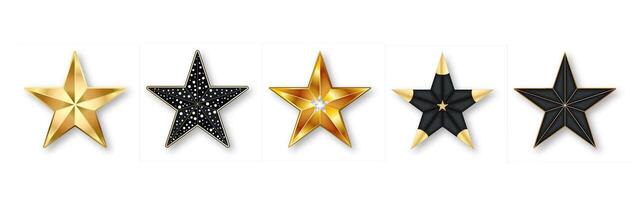 tars collection. Golden and Black realistic set of Stars, isolated on transparent background. vector