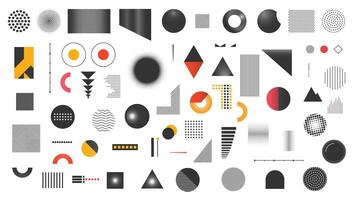 Universal trend memphis set, halftone geometric shapes isolated on white background. Flat elements composition collection of flat design, circles, triangles, shapes. vector
