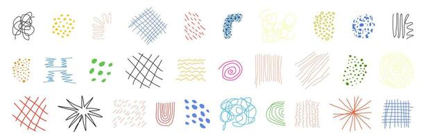 Curly lines, squiggles and different simple shapes set. Colorful pen linear scribbles collection. Hand drawn pencil lines and doodles. Rough bright color drawing strokes. Primitive stripes and grids vector