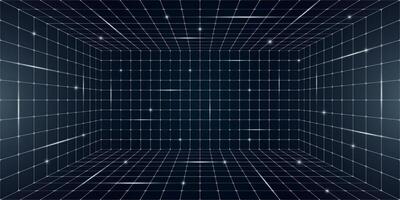 Futuristic grid box with abstract wireframe design, white lines on dark background. Retro 80s 90s digital aesthetic capturing virtual reality landscape in nostalgic futuristic style vector