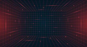 Futuristic HUD grid box featuring abstract wireframe design. Red dotted grid lines on dark blue background. Virtual reality landscape inspired retro 80s 90s digital aesthetic for modern nostalgic look vector
