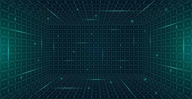 Futuristic perspective HUD grid box abstract wireframe. Green grid lines on dark background evoke 80s 90s digital style. GUI FUI design inspired virtual reality landscapes and retro future aesthetic vector