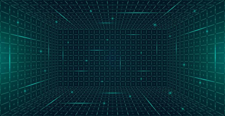 Futuristic perspective HUD grid box abstract wireframe. Green grid lines on dark background evoke 80s 90s digital style. GUI FUI design inspired virtual reality landscapes and retro future aesthetic