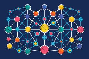 A neural network diagram with interconnected nodes and pathways vector