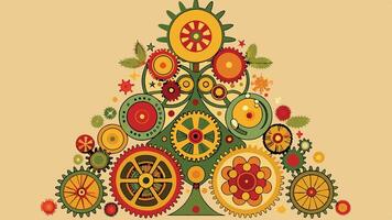 Colorful display of interlocking gears and cogs with autumn leaves, showcasing intricate mechanisms in a decorative arrangement vector