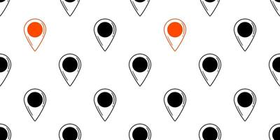 Seamless pattern of black and red location pins on white background. Hand-drawn doodle style. Map navigation concept for design and print vector