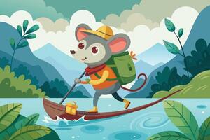 A tiny mouse with a backpack crossing a flowing river on a leaf boat vector