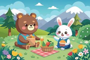 bear and a bunny are sharing a picnic on a hilltop, enjoying the scenic view and each other's company vector