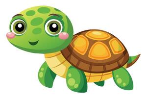 Cartoon image of a smiling green turtle with big eyes and a brown and yellow shell. vector