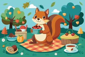 A squirrel hosting a picnic with acorn-themed treats vector