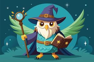 A whimsical wizard owl with a wand and spellbook vector