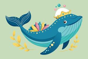 A whale wearing a crown of seashells and pearls vector