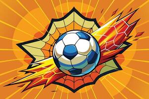 A soccer ball bursting through a net in a vibrant design vector